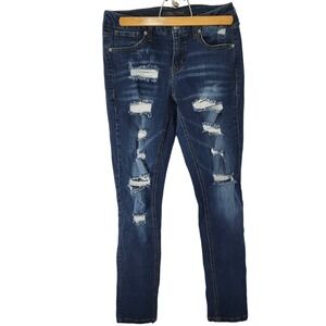 Maurices Skinny Jeans Size 1/2 Distressed Destroyed Blue Denim Stretch Mid Rise‎